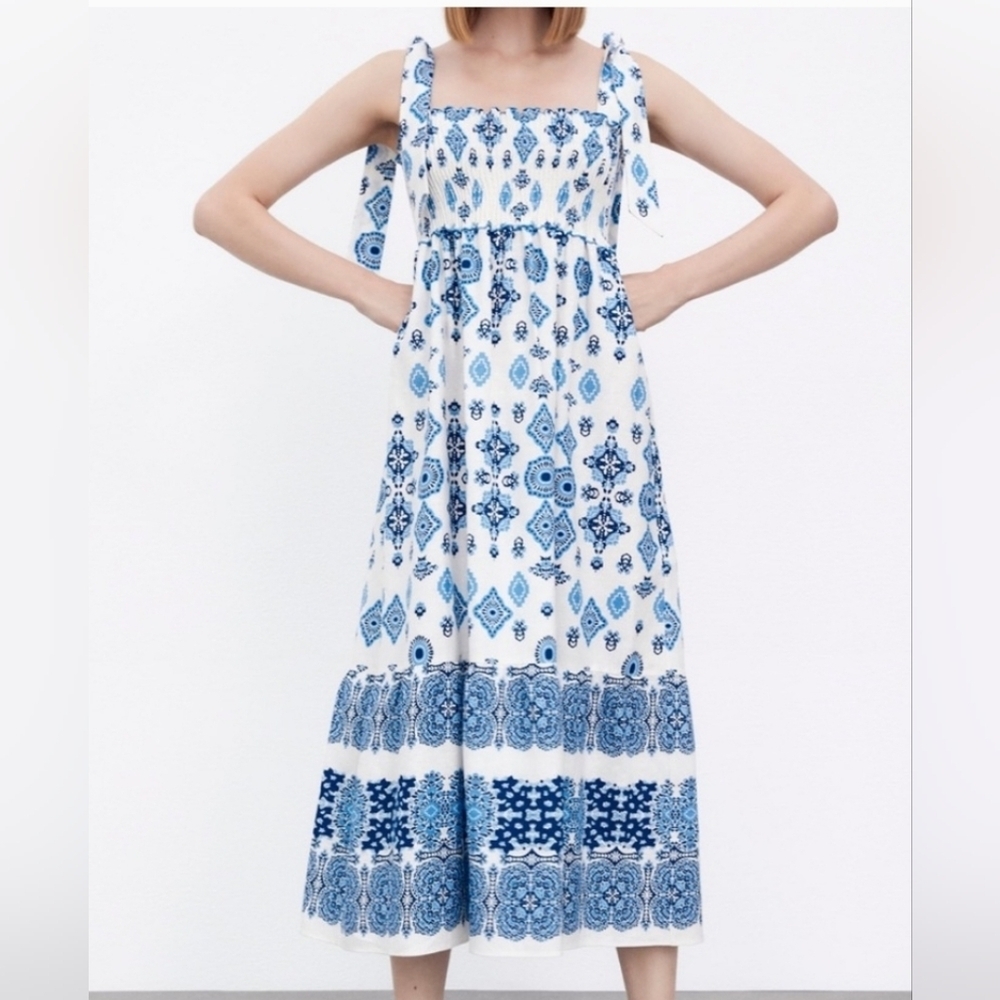 Zara 50% Linen Blue And Whie Tile Print With Straps Midi Dress, Boho Size S